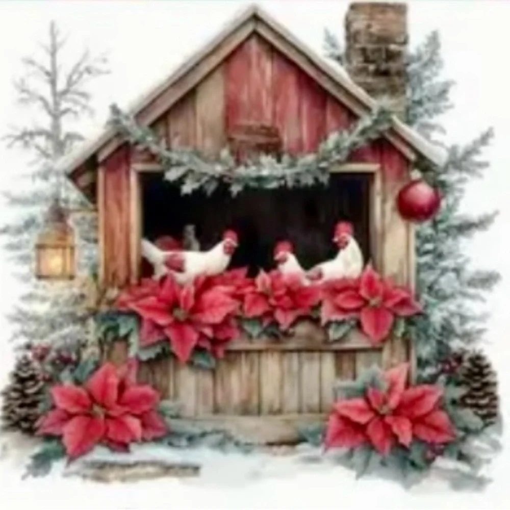 Merry Chicken Christmas SceneHandmade Circle Ornament‎